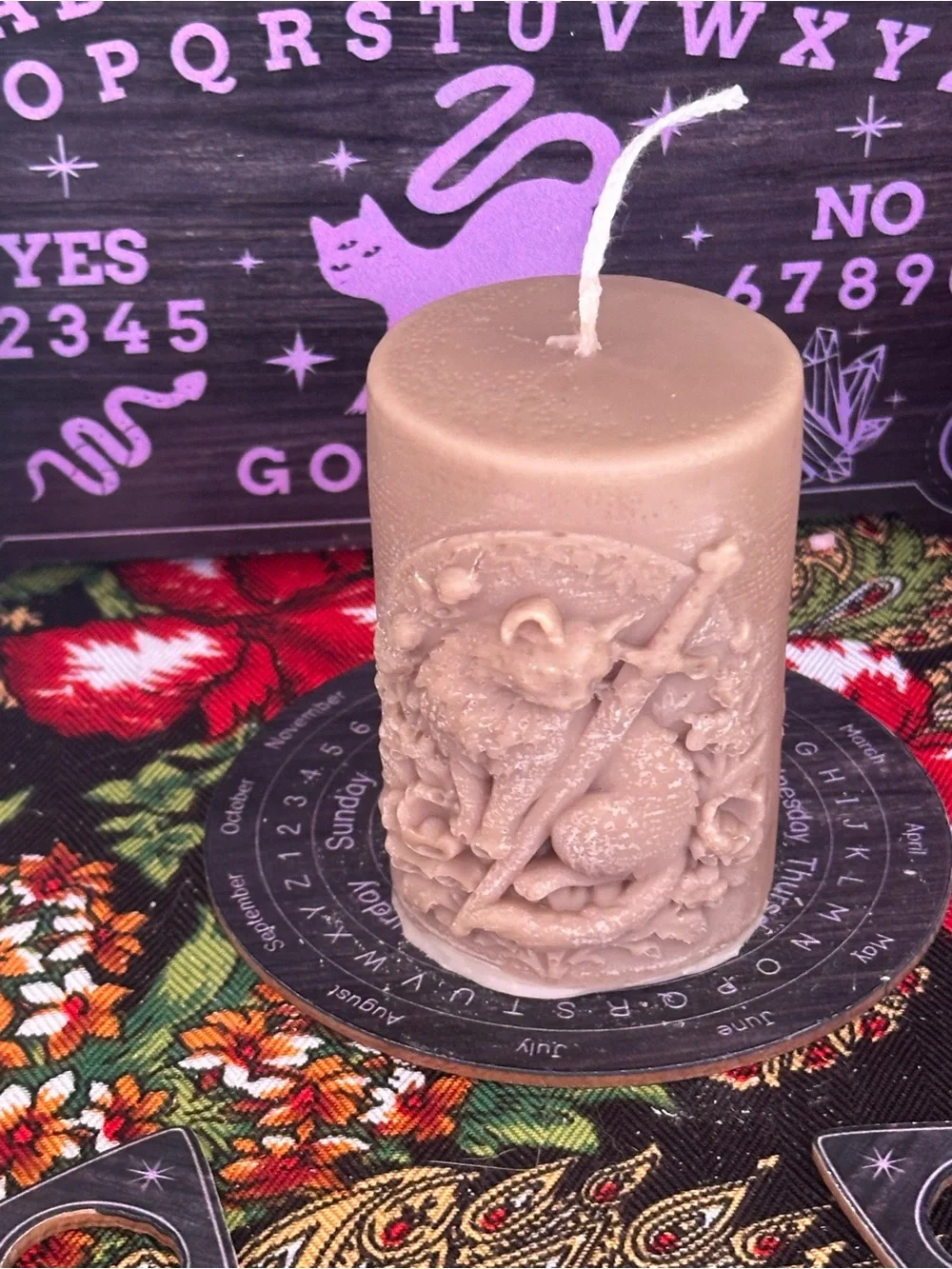 Bronze Cat & Sword Pillar Candle | Witch’s Familiar Candle | Gothic Cat Decor
